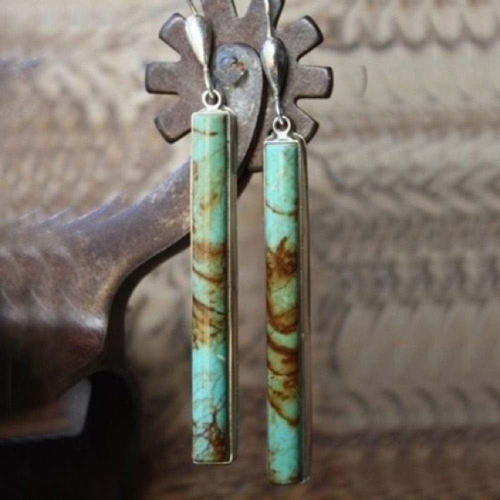 🤠Western Boho Faux Green Blue Long style Silver Earrings Gift Turquoise Boho - Picture 3 of 4